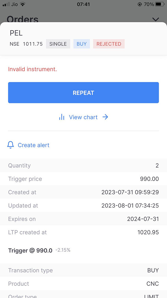 GTT rejected Invalid Instrument Zerodha platforms Trading Q&A by