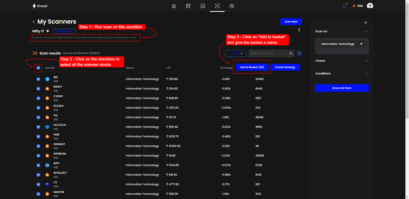 How to add sector baskets in strategy Streak backtesting Trading