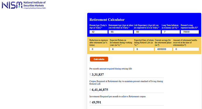retirement calculator NISM