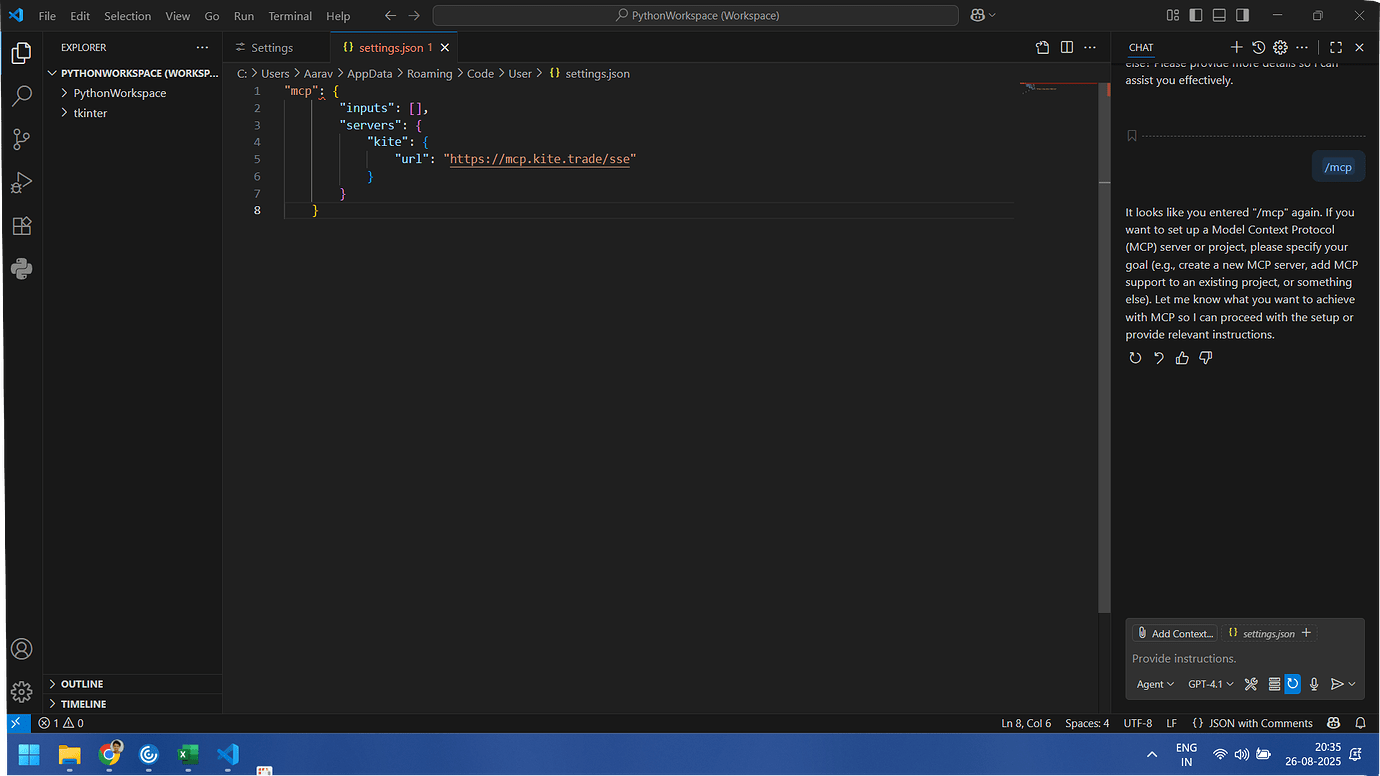 MCP setup issues with VS code - Zerodha Feature Announcements - Trading ...